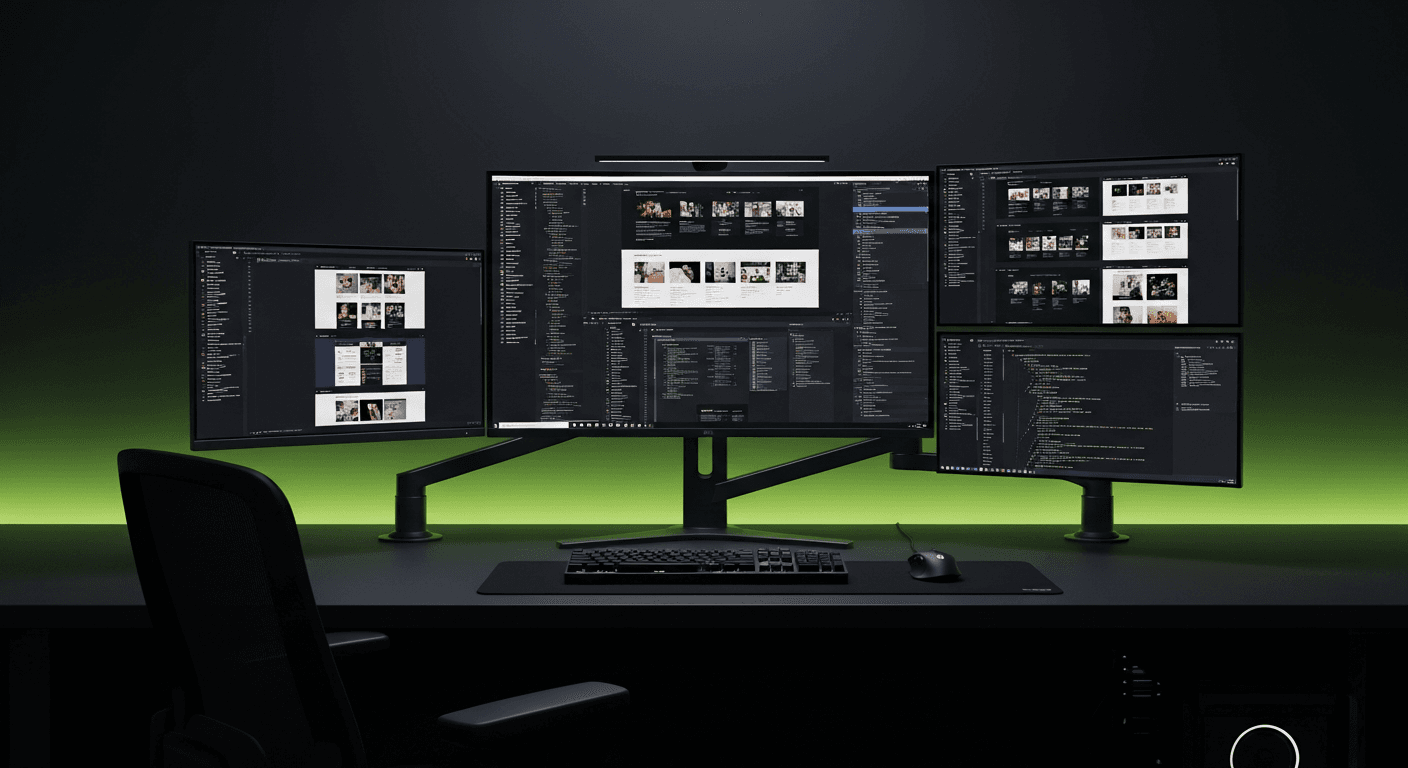 Modern web development workspace with multiple screens